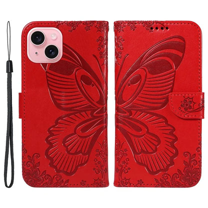 For iPhone 15 Case Leather Wallet Flip Phone Cover Butterfly Pattern