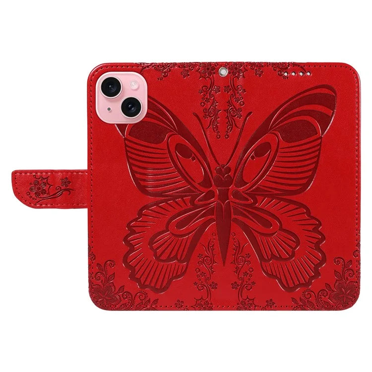 For iPhone 15 Case Leather Wallet Flip Phone Cover Butterfly Pattern