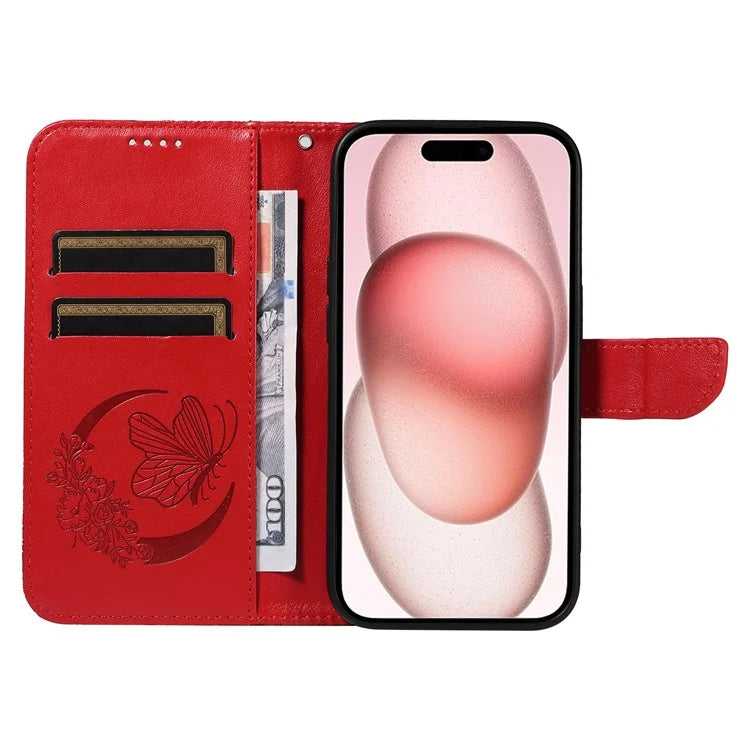 For iPhone 15 Case Leather Wallet Flip Phone Cover Butterfly Pattern