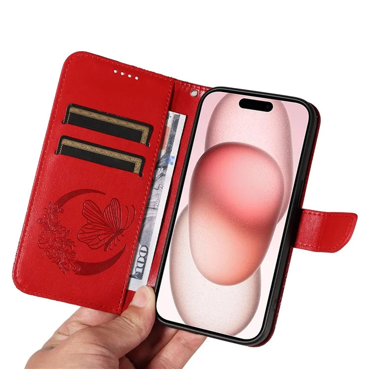 For iPhone 15 Case Leather Wallet Flip Phone Cover Butterfly Pattern