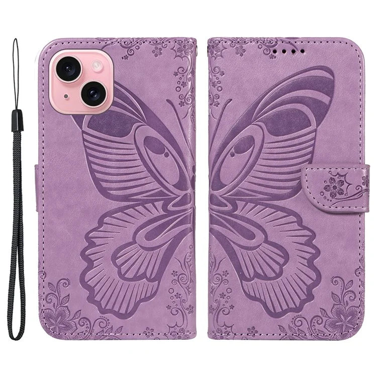 For iPhone 15 Case Leather Wallet Flip Phone Cover Butterfly Pattern