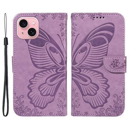 For iPhone 15 Case Leather Wallet Flip Phone Cover Butterfly Pattern