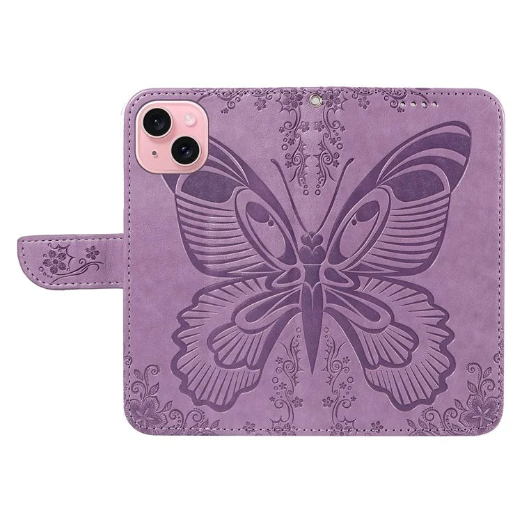 For iPhone 15 Case Leather Wallet Flip Phone Cover Butterfly Pattern