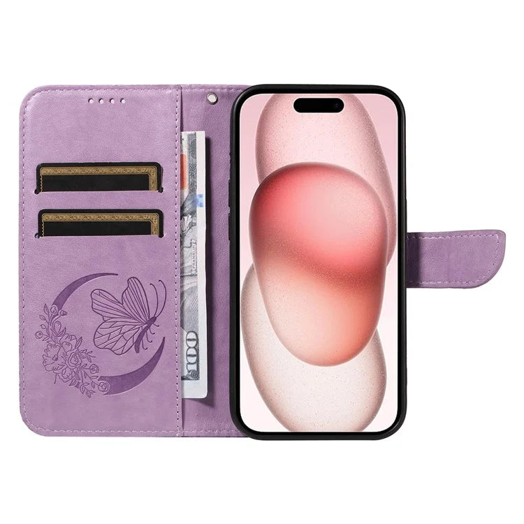 For iPhone 15 Case Leather Wallet Flip Phone Cover Butterfly Pattern