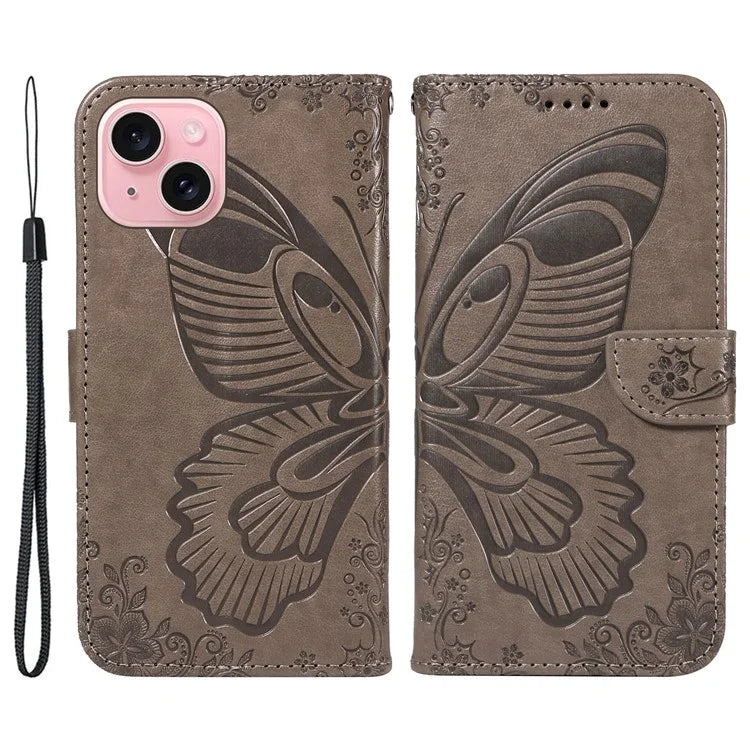 For iPhone 15 Case Leather Wallet Flip Phone Cover Butterfly Pattern