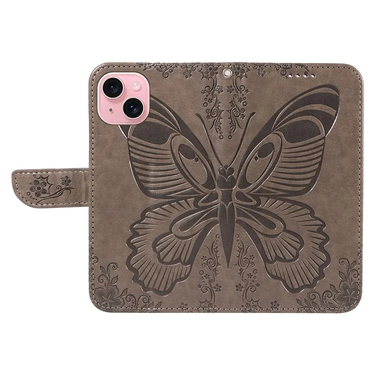 For iPhone 15 Case Leather Wallet Flip Phone Cover Butterfly Pattern