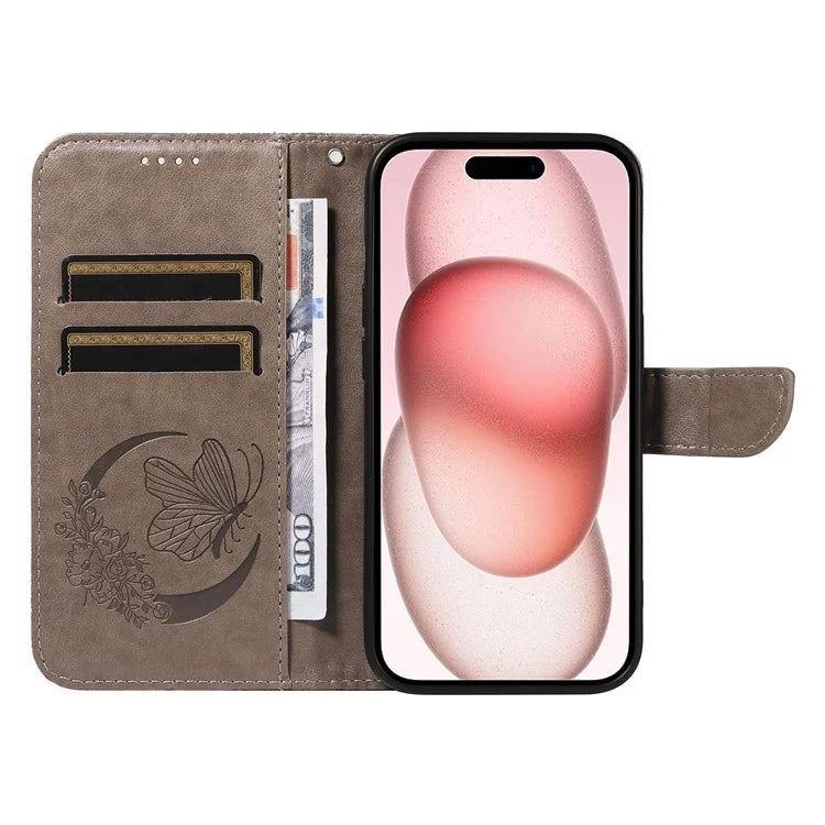 For iPhone 15 Case Leather Wallet Flip Phone Cover Butterfly Pattern