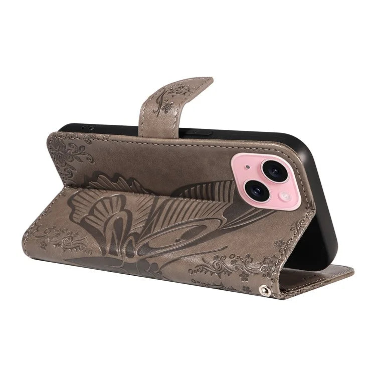 For iPhone 15 Case Leather Wallet Flip Phone Cover Butterfly Pattern