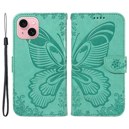 For iPhone 15 Case Leather Wallet Flip Phone Cover Butterfly Pattern