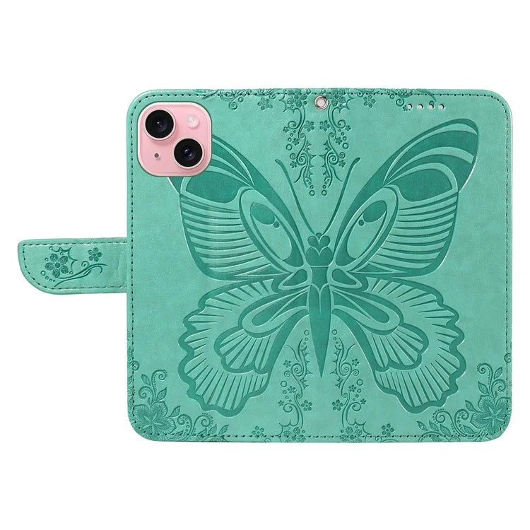 For iPhone 15 Case Leather Wallet Flip Phone Cover Butterfly Pattern