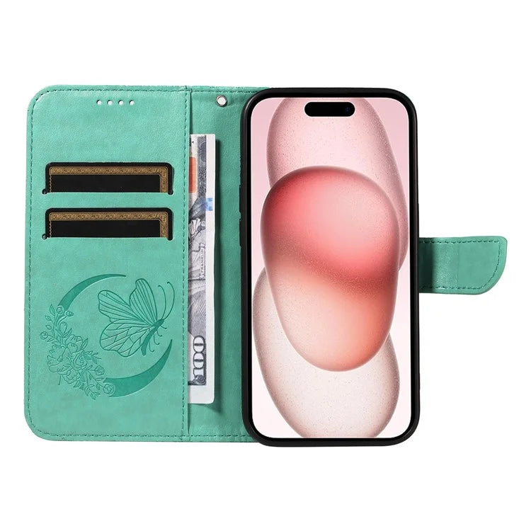 For iPhone 15 Case Leather Wallet Flip Phone Cover Butterfly Pattern