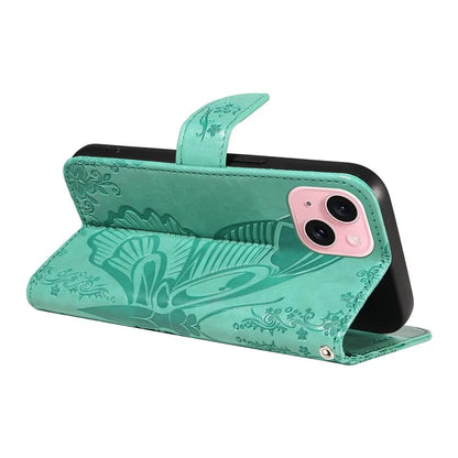 For iPhone 15 Case Leather Wallet Flip Phone Cover Butterfly Pattern