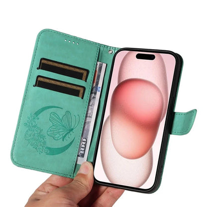 For iPhone 15 Case Leather Wallet Flip Phone Cover Butterfly Pattern