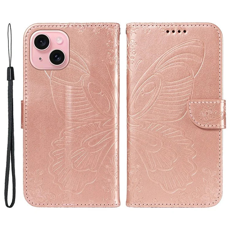 For iPhone 15 Case Leather Wallet Flip Phone Cover Butterfly Pattern