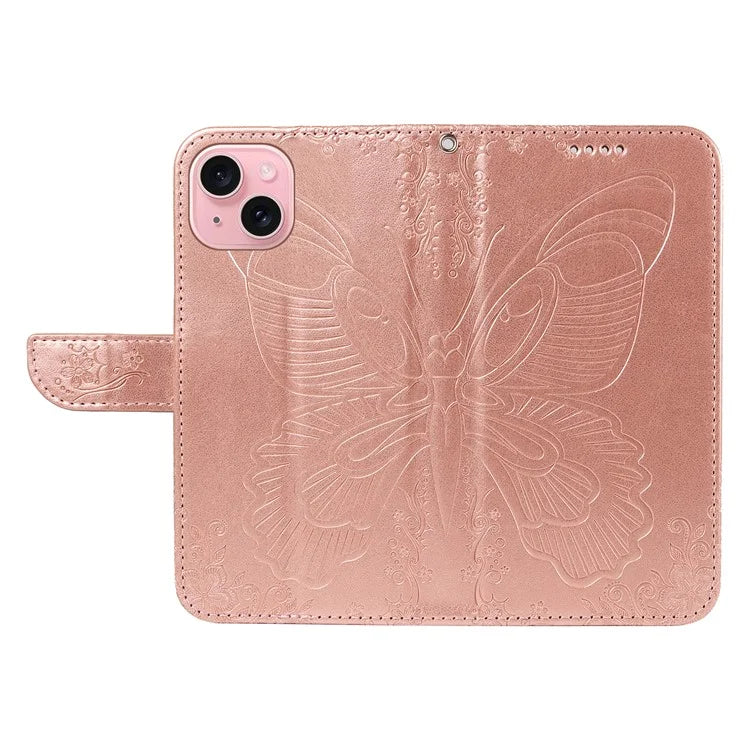 For iPhone 15 Case Leather Wallet Flip Phone Cover Butterfly Pattern