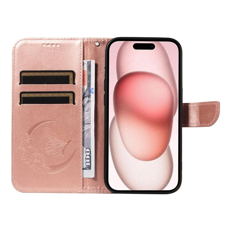 For iPhone 15 Case Leather Wallet Flip Phone Cover Butterfly Pattern