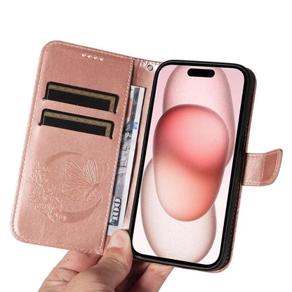 For iPhone 15 Case Leather Wallet Flip Phone Cover Butterfly Pattern