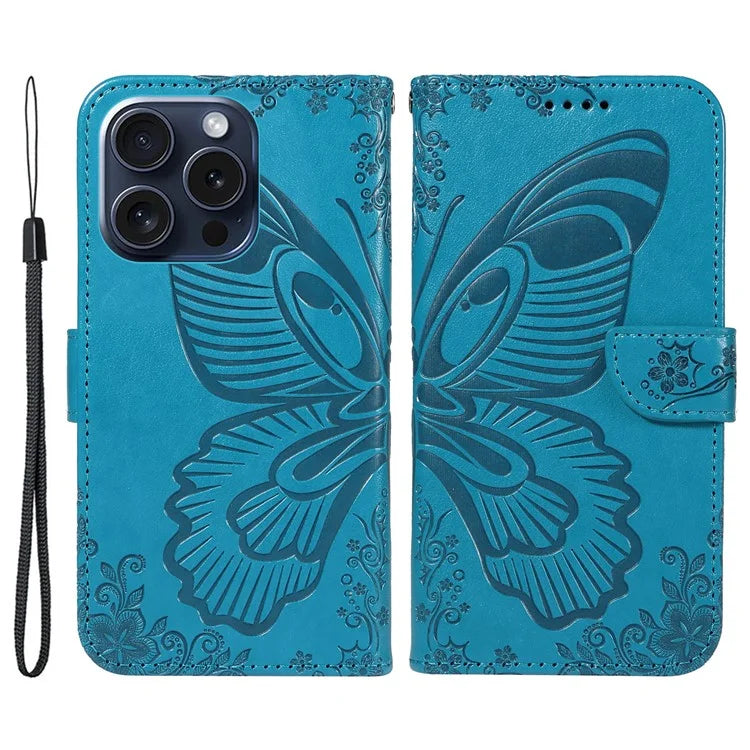 For iPhone 15 Pro Wallet Case Butterfly Imprint Leather Phone Cover with Stand