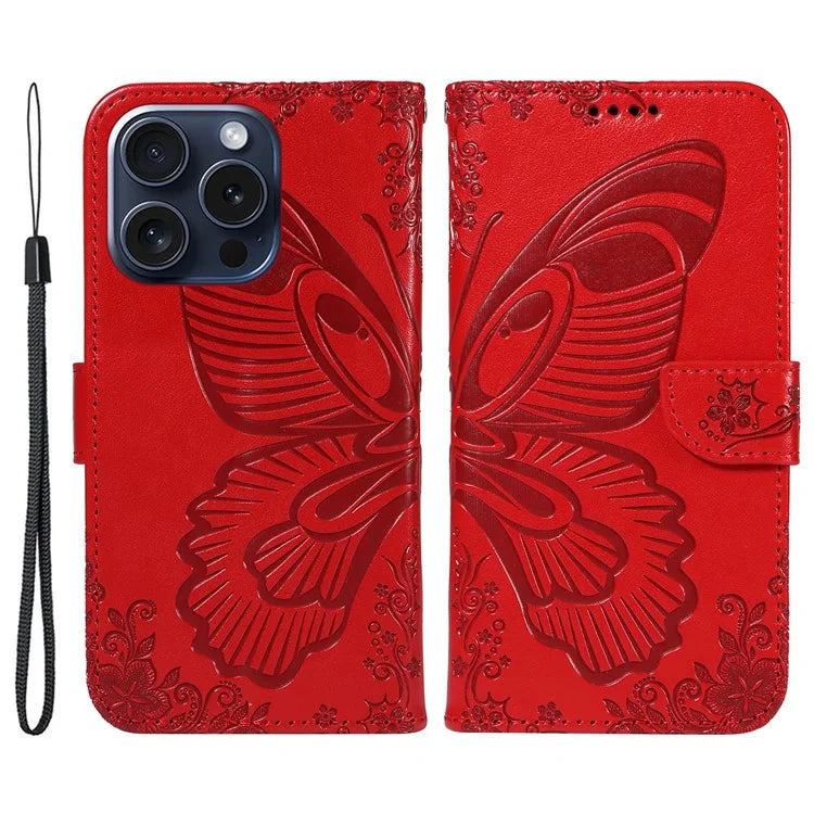 For iPhone 15 Pro Wallet Case Butterfly Imprint Leather Phone Cover with Stand