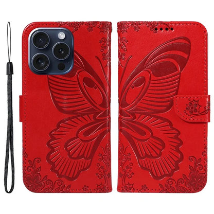 For iPhone 15 Pro Wallet Case Butterfly Imprint Leather Phone Cover with Stand