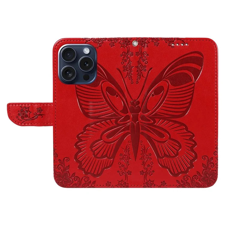 For iPhone 15 Pro Wallet Case Butterfly Imprint Leather Phone Cover with Stand