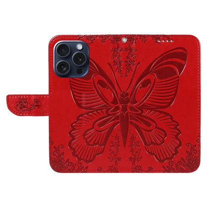 For iPhone 15 Pro Wallet Case Butterfly Imprint Leather Phone Cover with Stand