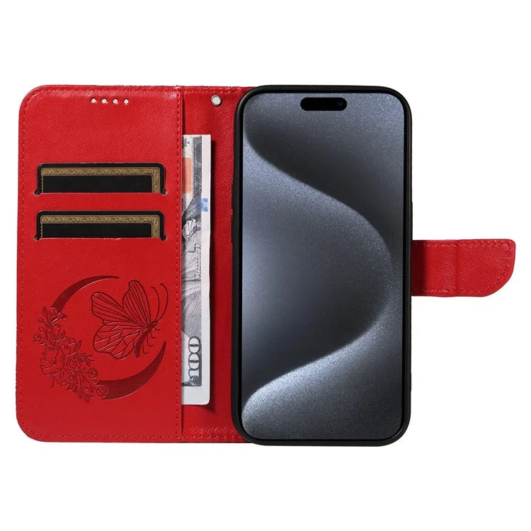 For iPhone 15 Pro Wallet Case Butterfly Imprint Leather Phone Cover with Stand