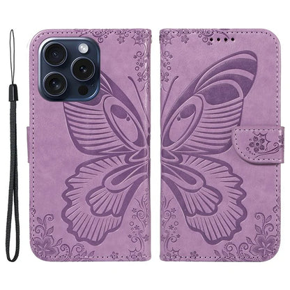 For iPhone 15 Pro Wallet Case Butterfly Imprint Leather Phone Cover with Stand