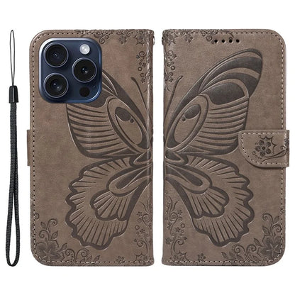 For iPhone 15 Pro Wallet Case Butterfly Imprint Leather Phone Cover with Stand