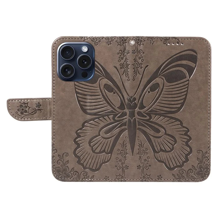 For iPhone 15 Pro Wallet Case Butterfly Imprint Leather Phone Cover with Stand