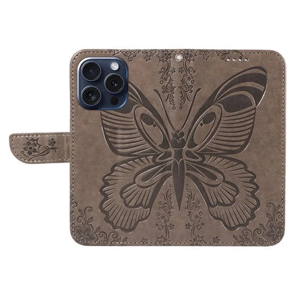 For iPhone 15 Pro Wallet Case Butterfly Imprint Leather Phone Cover with Stand
