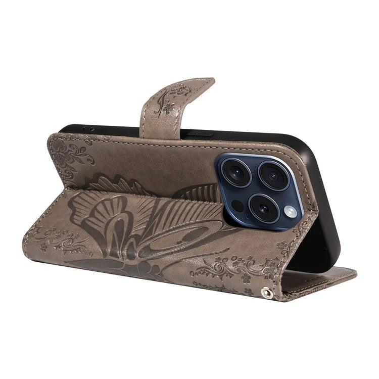 For iPhone 15 Pro Wallet Case Butterfly Imprint Leather Phone Cover with Stand