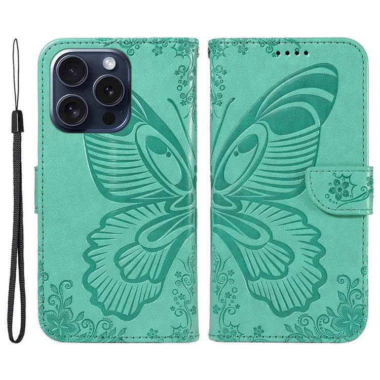 For iPhone 15 Pro Wallet Case Butterfly Imprint Leather Phone Cover with Stand
