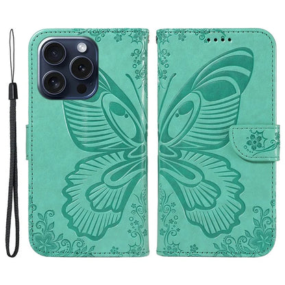 For iPhone 15 Pro Wallet Case Butterfly Imprint Leather Phone Cover with Stand