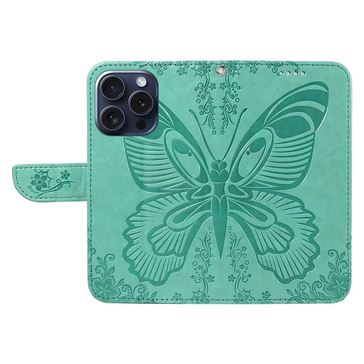 For iPhone 15 Pro Wallet Case Butterfly Imprint Leather Phone Cover with Stand