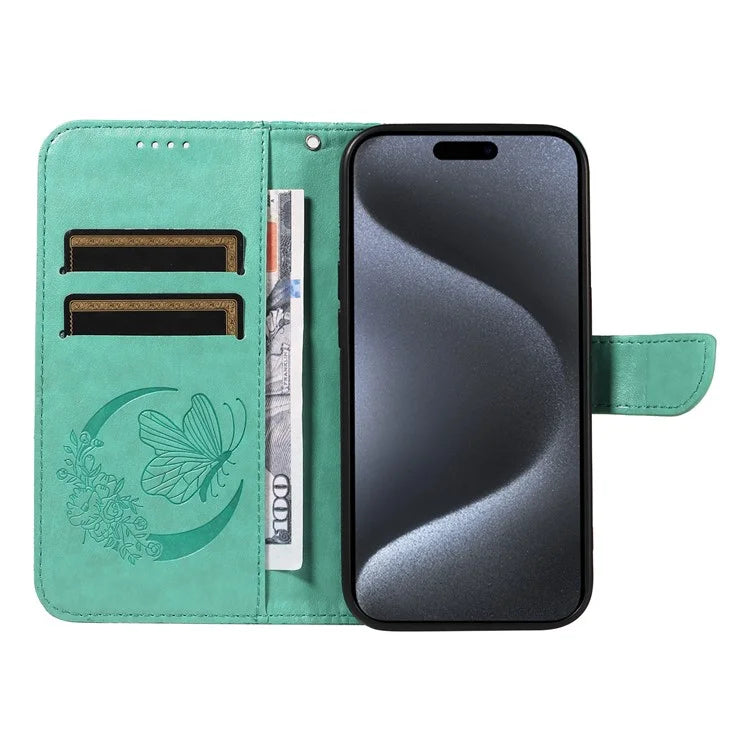 For iPhone 15 Pro Wallet Case Butterfly Imprint Leather Phone Cover with Stand