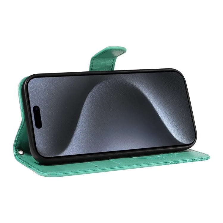For iPhone 15 Pro Wallet Case Butterfly Imprint Leather Phone Cover with Stand