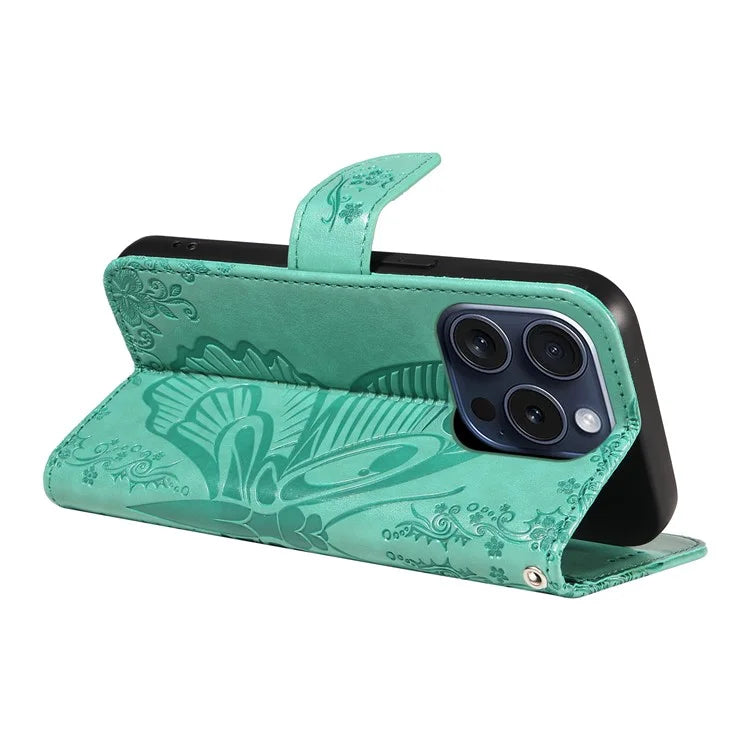 For iPhone 15 Pro Wallet Case Butterfly Imprint Leather Phone Cover with Stand