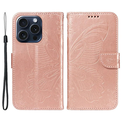 For iPhone 15 Pro Wallet Case Butterfly Imprint Leather Phone Cover with Stand