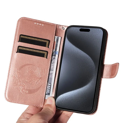 For iPhone 15 Pro Wallet Case Butterfly Imprint Leather Phone Cover with Stand