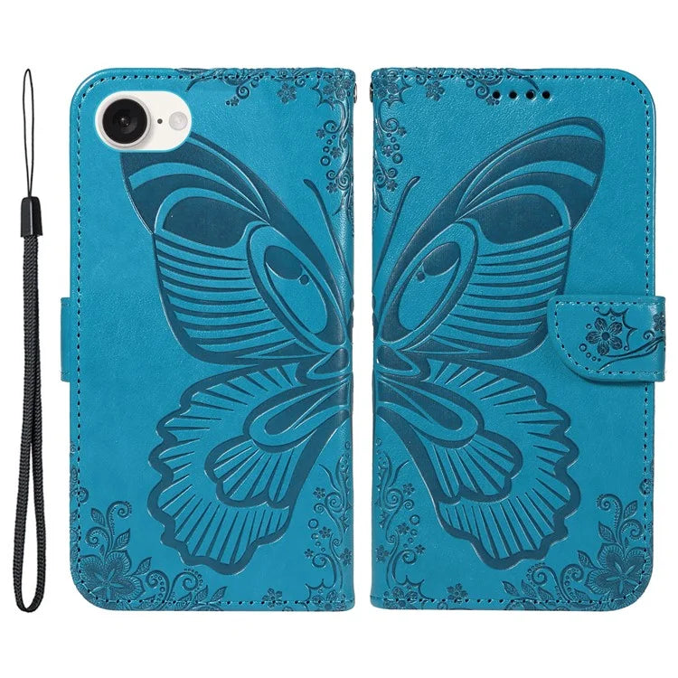For iPhone SE (2024) Case with Hand Strap Butterfly PU Leather Wallet Phone Cover