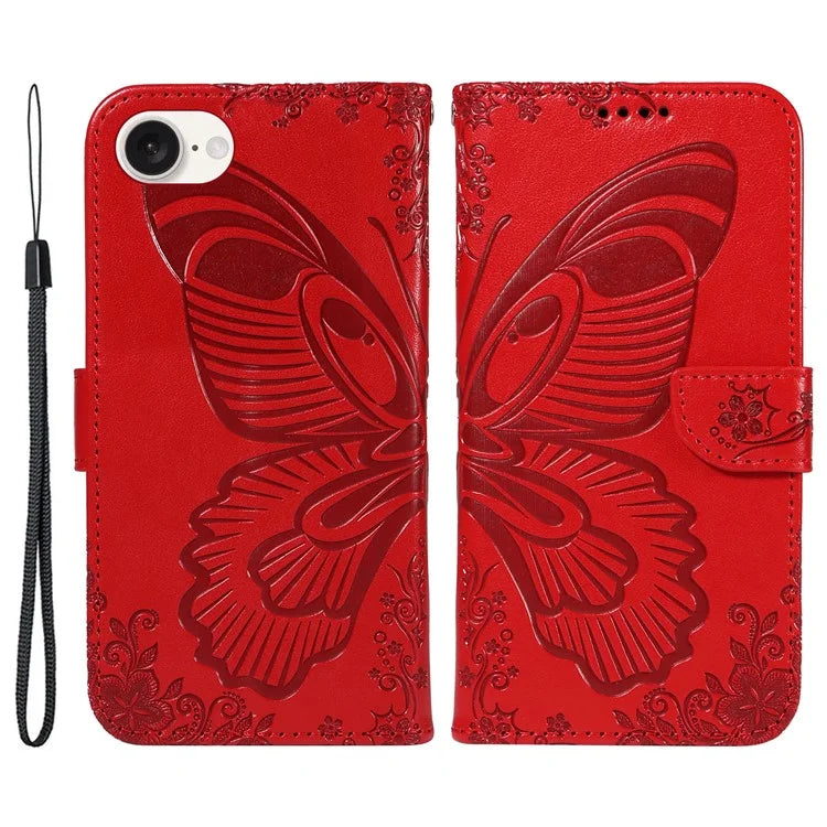 For iPhone SE (2024) Case with Hand Strap Butterfly PU Leather Wallet Phone Cover