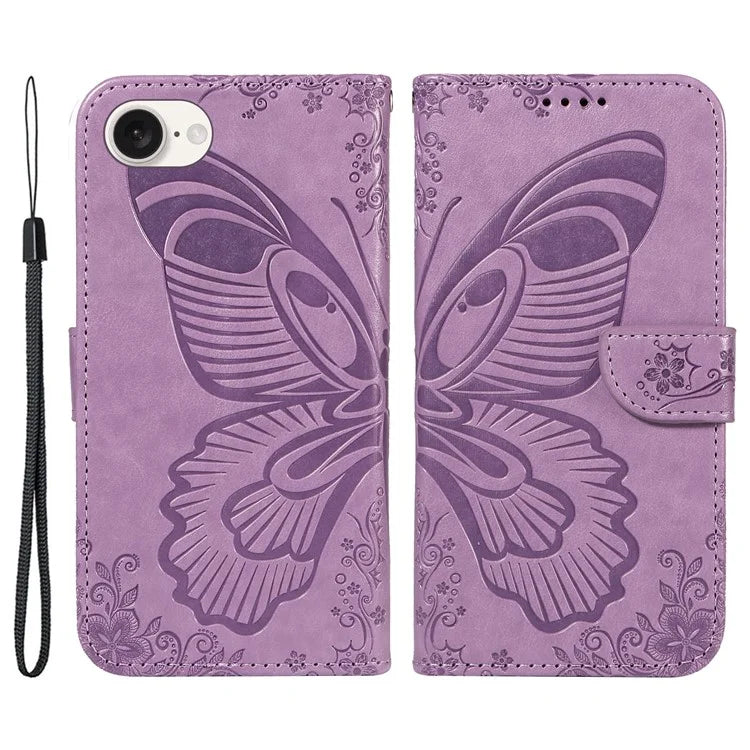 For iPhone SE (2024) Case with Hand Strap Butterfly PU Leather Wallet Phone Cover