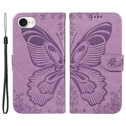 For iPhone SE (2024) Case with Hand Strap Butterfly PU Leather Wallet Phone Cover