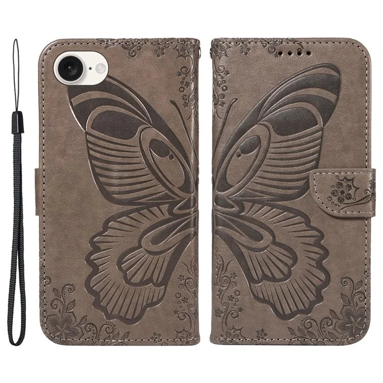 For iPhone SE (2024) Case with Hand Strap Butterfly PU Leather Wallet Phone Cover