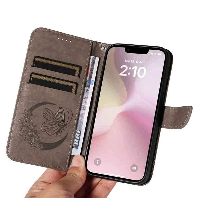For iPhone SE (2024) Case with Hand Strap Butterfly PU Leather Wallet Phone Cover