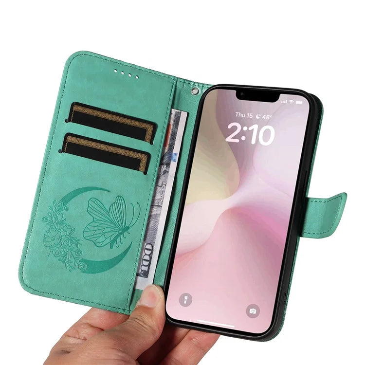 For iPhone SE (2024) Case with Hand Strap Butterfly PU Leather Wallet Phone Cover