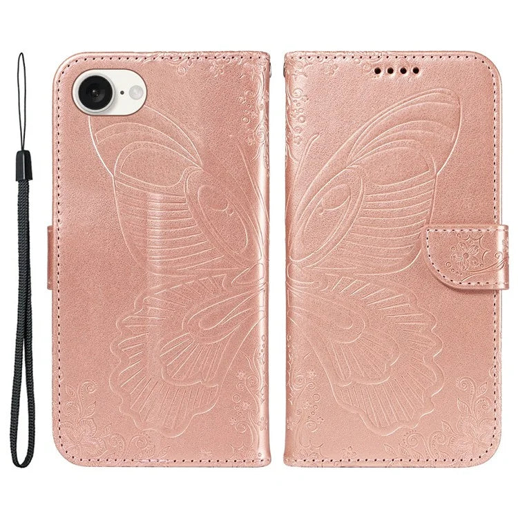 For iPhone SE (2024) Case with Hand Strap Butterfly PU Leather Wallet Phone Cover