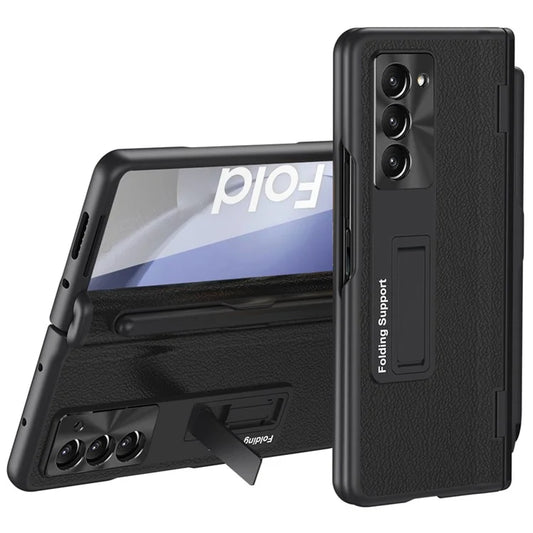 For Samsung Galaxy Z Fold6 5G Kickstand Case Leather+PC Phone Cover with Stylus and Tempered Glass Film