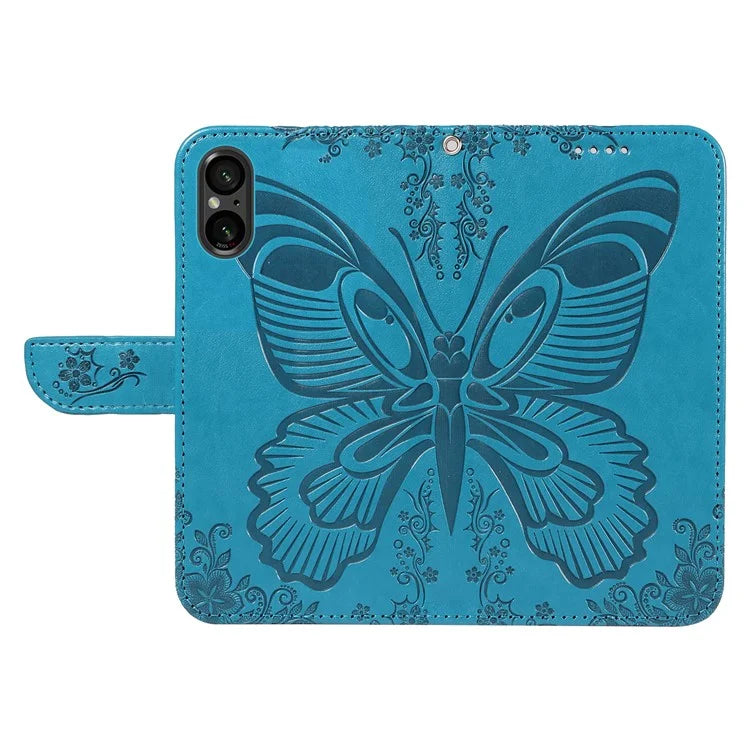 For Sony Xperia 5 V Case Butterfly Imprint Leather Wallet Phone Cover with Strap